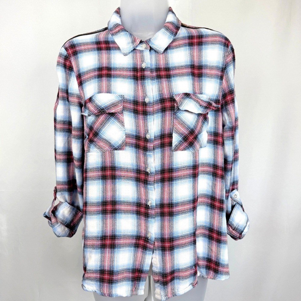 Olive + Oak L Blue Pink Plaid Rayon Zip Shoulder Roll Tab Boyfriend Shirt Top